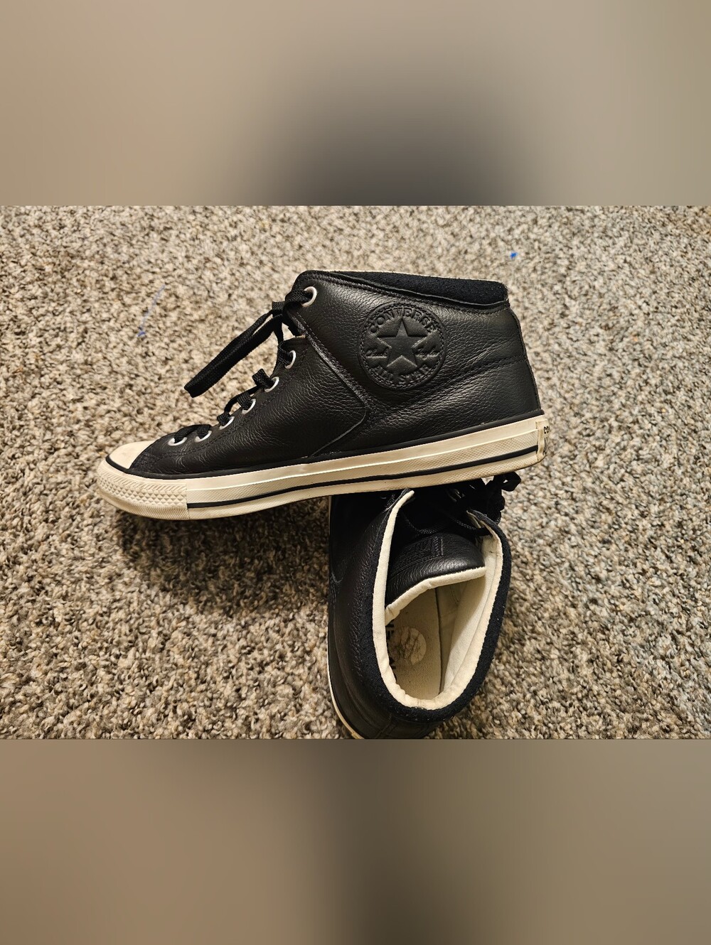 All Star Converse Leather High Top Sneakers in Black with Cream Midsole